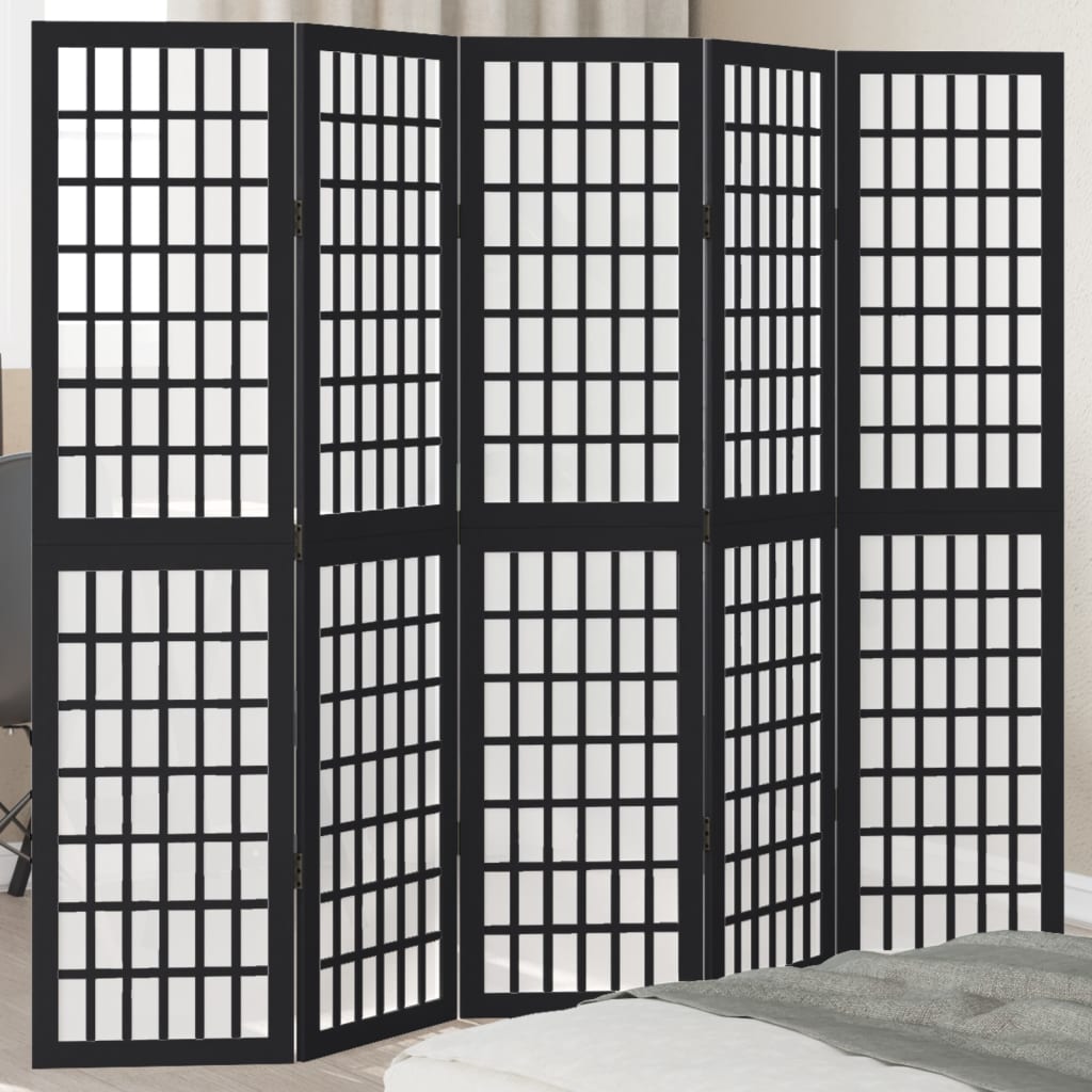 Room Divider 5 Panels Black Solid Wood Paulownia
